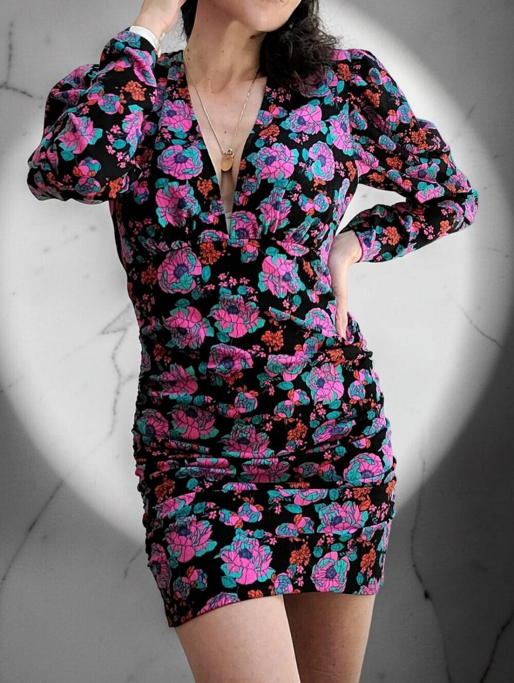 NWT ZARA Ruched Black Floral Bodycon Dress with Pink & Teal Blooms Size M